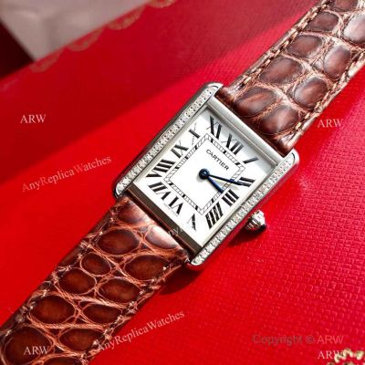 Swiss Quartz Cartier Tank Solo Brown Leather Strap Diamond-set 31mm